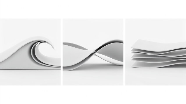 Abstract white paper waves and smooth curved layers in a three panel minimalist composition