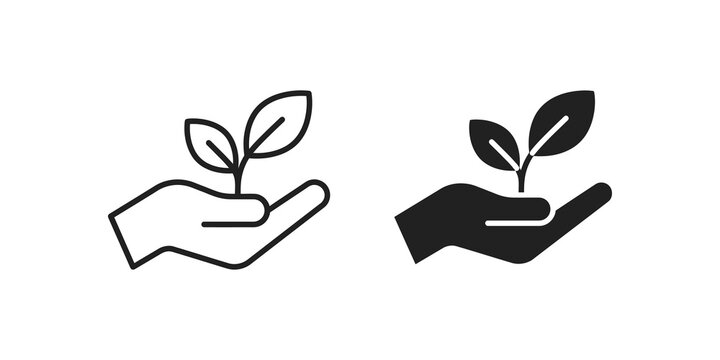 Holding sprout in hand icon black outline and solid style vector graphic.
