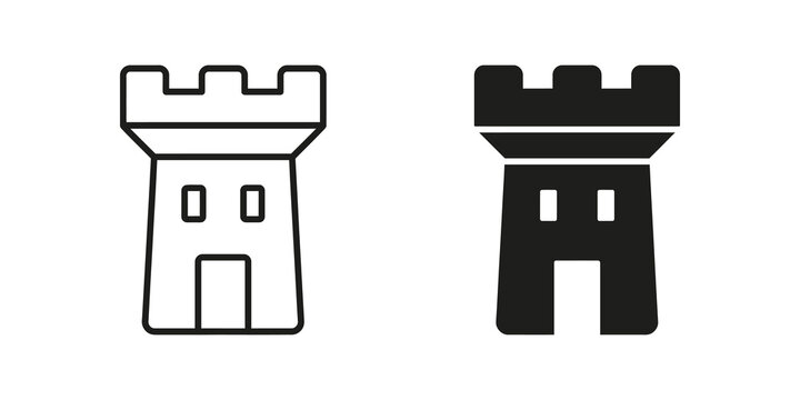 Castle fortification icons in linear and solid styles for fantasy map.