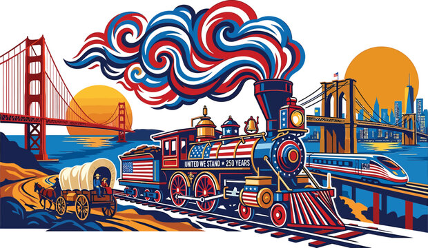 Patriotic steam locomotive with usa flag motifs, golden gate bridge and brooklyn bridge background