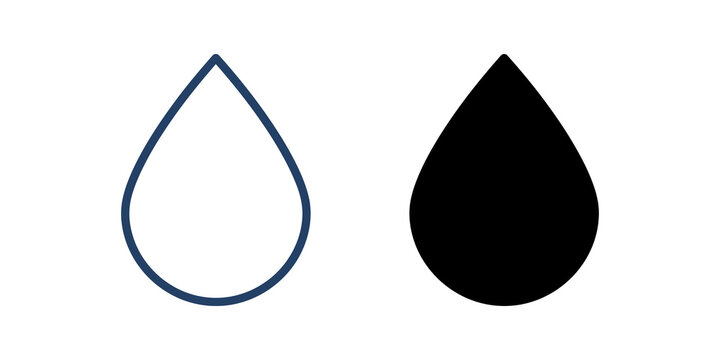 Blue water drop outline and black solid silhouette icon set design.
