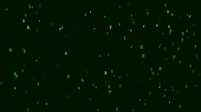 Green Digital Runes and Symbols on Black Background