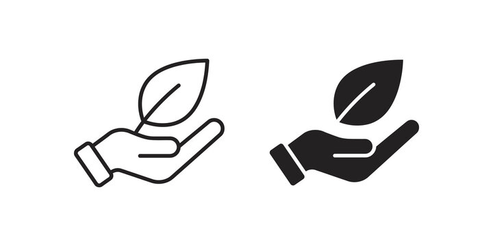 Hand holding leaf black outline and solid icons for nature environment care.