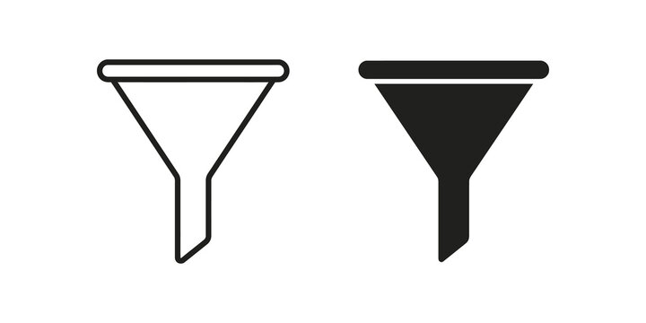 Funnel filter icons black outlines for industrial fluid data flow process.