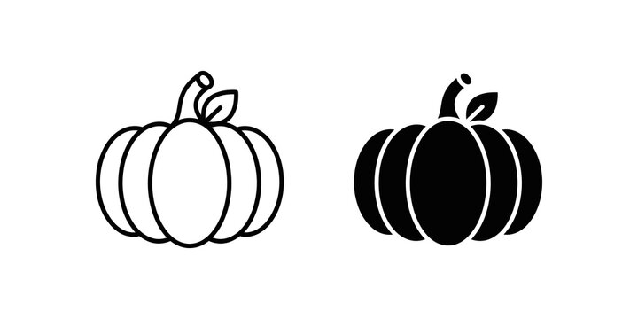 Autumn pumpkin outline and solid silhouette vector illustrations set.