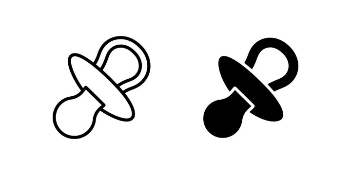 Baby pacifier black outline and solid icons for nursery supplies design.
