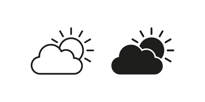Weather forecast sun and cloud flat icon for meteorological app interface.