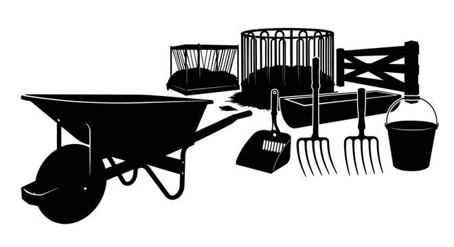 Gardening tools with black silhouette gardening equipment white background wheelbarrow landscaping maintenance outdoor bucket shovel fence with rake