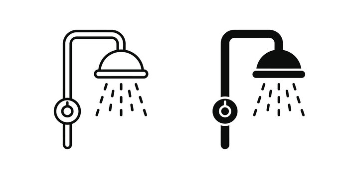 Bathroom shower head water drops outline and solid vector illustration.