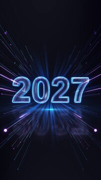 Glossy glasslike 2027 digits shine electric burst beams 19 launches, futuristic presentations, gaming events, digital greetings, milestone reveals, nightlife visuals, modern promotions.