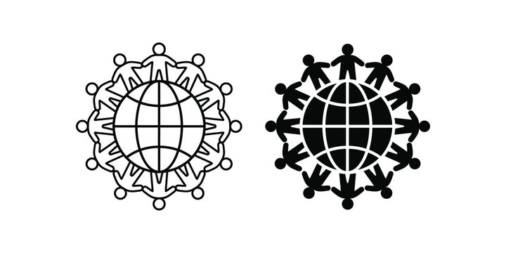 Global community human hand in hand icon outline and filled design.