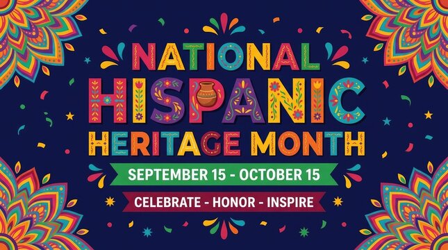 National hispanic heritage month celebration banner with colorful floral patterns and festive confetti