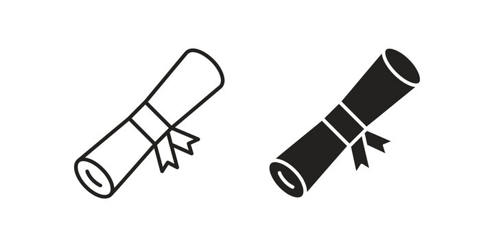 Graduation diploma scroll flat icon and outline for academic success.