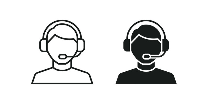 Black and white customer service representative with headset icon concept.