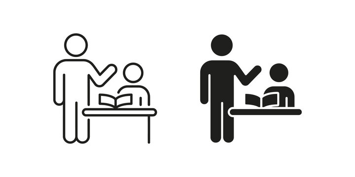 Teacher explaining lesson to student at desk with book icon.