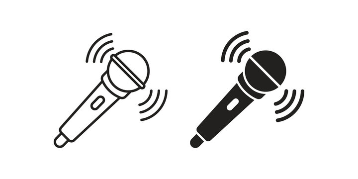 Wireless microphone outline and solid vector icons for audio recording.