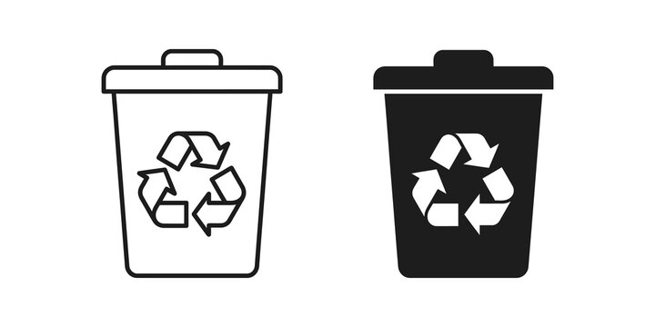 Recycle bin line and filled icons for waste management and ecology.