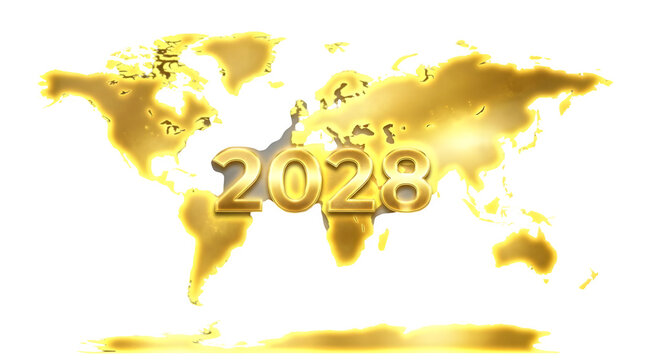 Golden 2028 number on a blurred glowing world map background with business goal annual report economic outlook digital design future trends worldwide con