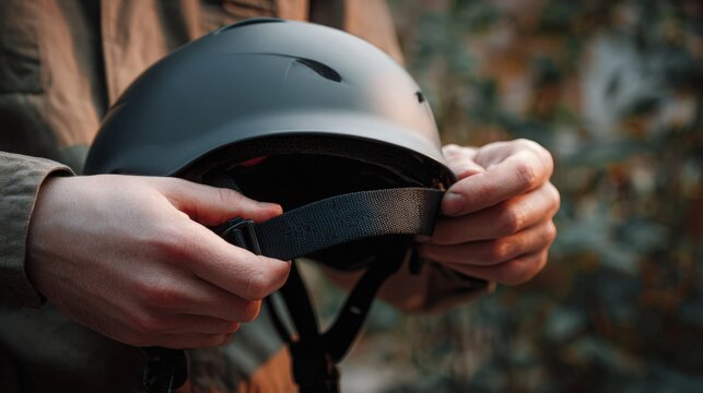 Person holding black bicycle helmet with strap ready for outdoor ride