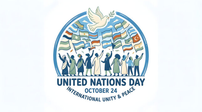 United nations day diverse people holding flags and dove symbol of peace celebrating international unity.