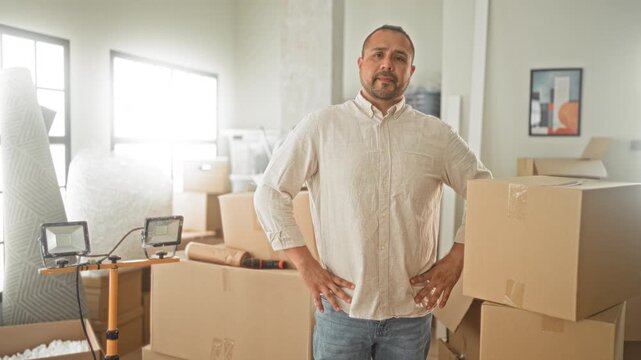 Man hands on hips amid stacked cardboard boxes and moving supplies in a building; home transition determination.