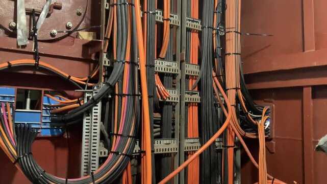 Industrial cable installation work on steel bulkhead inside vessel engine room.