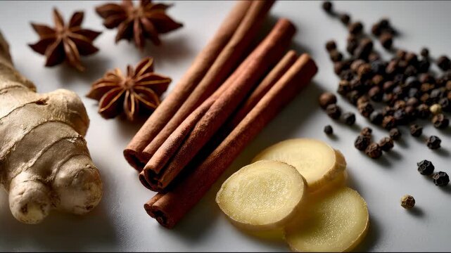 Cinnamon sticks with sliced fresh ginger and star anise spices on white surface