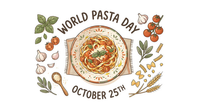 World pasta day celebration with fresh ingredients and delicious spaghetti dish.
