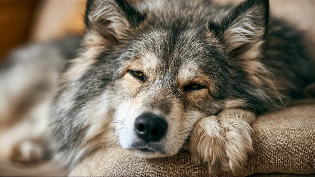 Close up portrait of fluffy dog resting its head with sleepy eyes looking peaceful