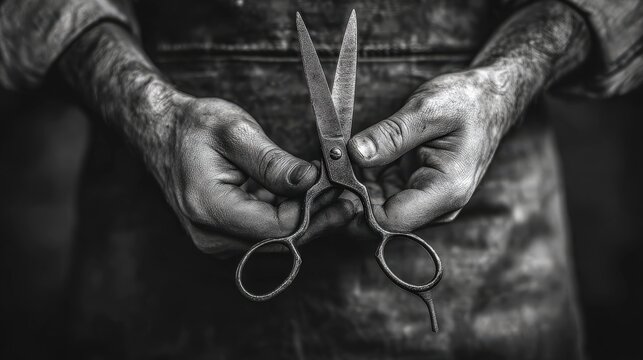 Gritty weathered hands holding sharp vintage steel scissors for professional cutting
