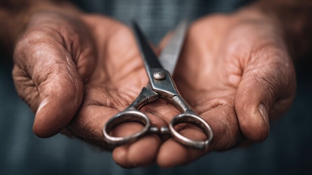 Weathered elderly hands holding vintage steel scissors with soft natural lighting