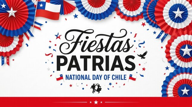 Fiestas patrias chile national day celebration background with flags and paper fans isolated on white background
