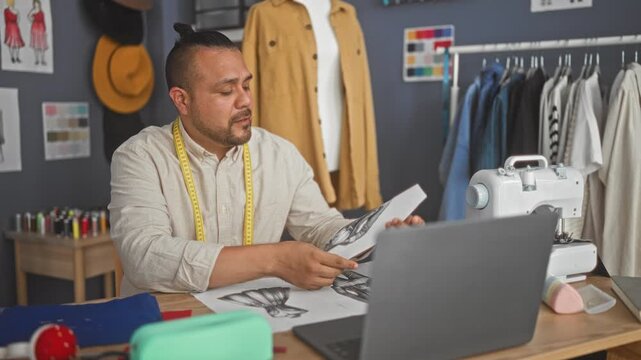 Hispanic man holding design sketch and blue fabric, tape measure around neck, examining patterns by sewing machine and laptop in studio; creative concentration.