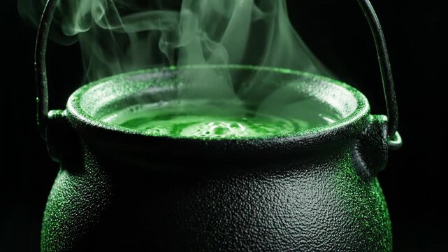 Witch cauldron bubbling with glowing green magic potion and smoke