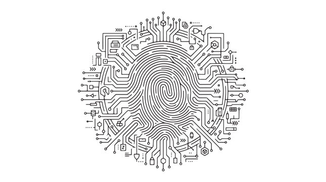 Digital fingerprint circuit board vector, biometric identity security concept, cyber technology fingerprint scanner with motherboard lines isolated on White Background