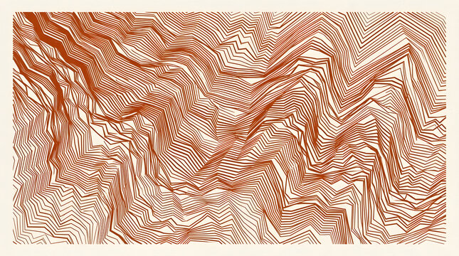 Abstract generative art background with intricate cascading zigzag line patterns in rust orange on off-white. Hypnotic algorithmic wave composition for contemporary design, print...