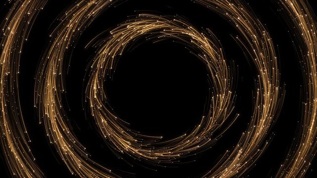 Amber gold rotate concentric circular paths, sparkling light black. motion broadband advertising, science programs, quantum technology, corporate innovation, cinematic titles, commercial transitions,