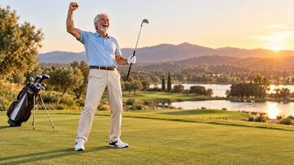 Obraz premium Active Senior Man Celebrating Golf Victory at Sunset on Scenic Golf Course