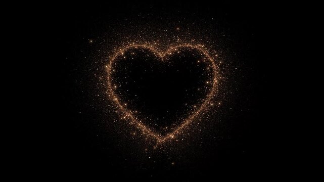 Luminous gold particles heart frame deep black. romantic advertising, wedding films, Valentine promotions, jewelry perfume campaigns, anniversary messages, social logo reveals, elegant celebrations.