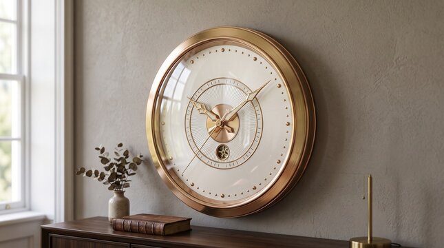 Round brass wall clock with classic hands hangs on a neutral wall above an elegant dark wooden sideboard.