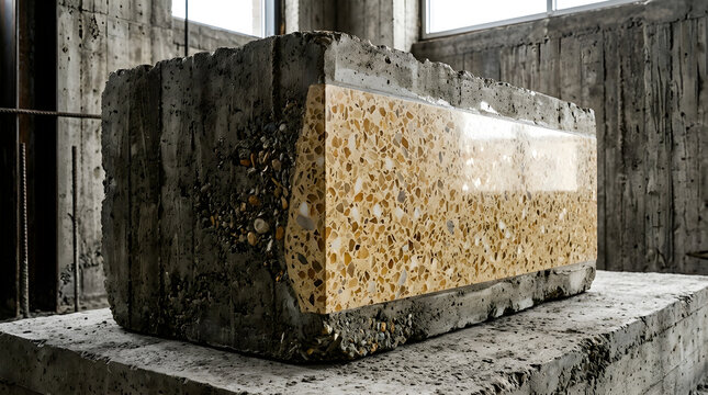 Architectural concrete with polished terrazzo section exposed by grinding, cross-section revealing texture in warm sand beige tones, premium brutalist material.