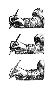 16th century woodcut depicting hand with pen isolated on white