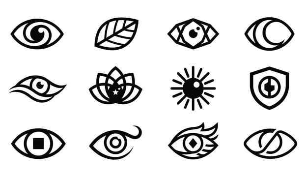 A collection of mystical and symbolic eye icons alongside floral and celestial elements creating intriguing designs