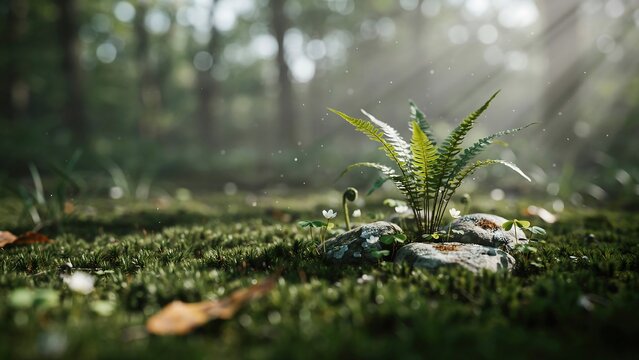 Lush green fern leaves growing gracefully upon mossy stones under soft golden morning sunlight within a tranquil deep forest setting
