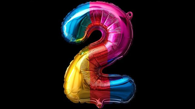 A colorful rainbow number two balloon against a black background