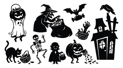 Fototapeta premium Halloween silhouettes with pumpkins, witch, bats, skeleton, and haunted house