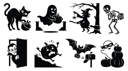Fototapeta premium Halloween silhouettes of black cat ghost witch skeleton vampire pumpkin bat