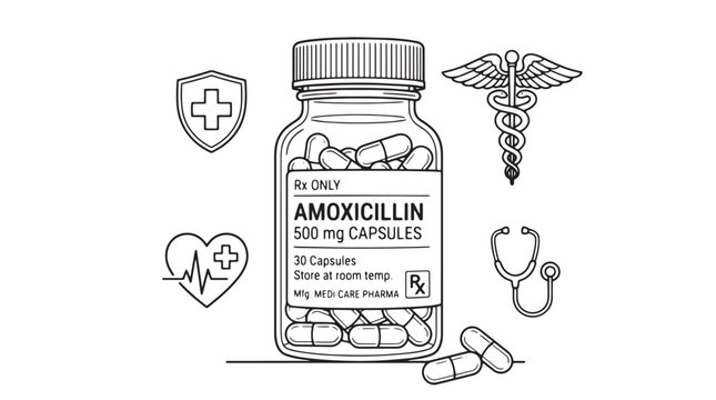 Amoxicillin antibiotic medicine bottle vector, prescription drug capsules with medical icons, healthcare pharmacy illustration isolated on White Background