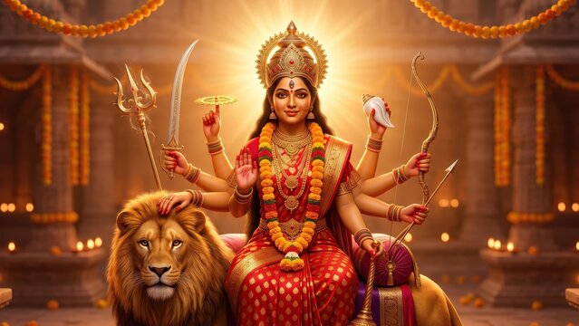 Durga Goddess during Navratri &ndash; Warm Devotional Portrait with Lion.

