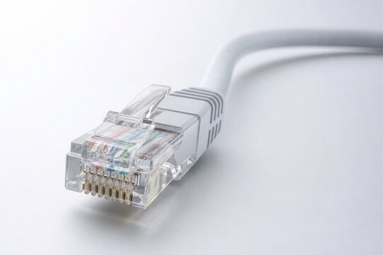 Close-up of a modern Ethernet LAN cable with RJ45 connector on a clean technology background.